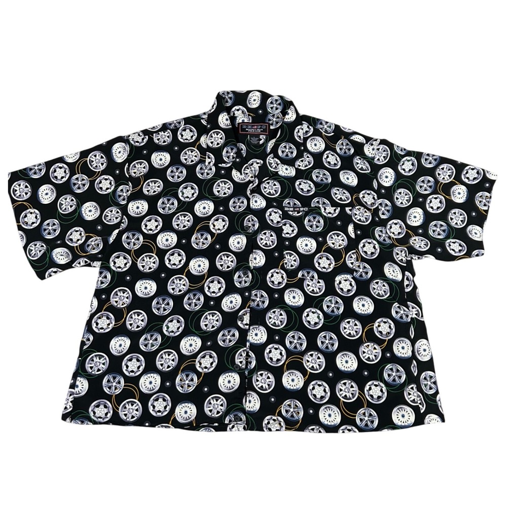 Vintage Beverly Hills Polo Club Mens Black Wheel Print Button Up Shirt‎ Size L